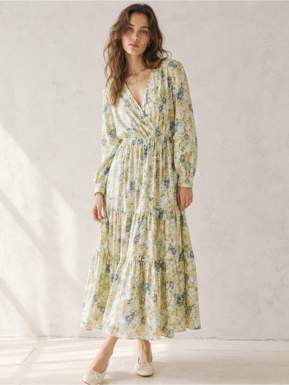 Dex Woman Green Floral Ruffle V-Neck Wrap Tier A-Line Maxi Dress MEDIUM Romantic